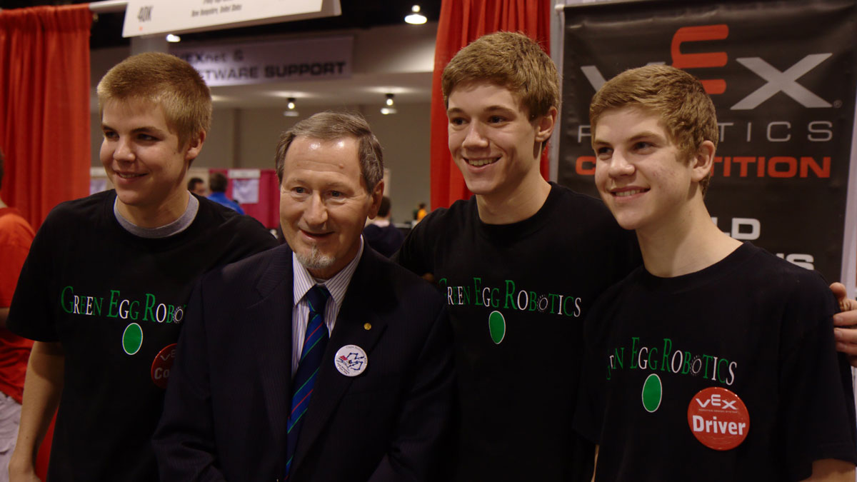 Dr. Douglas Osheroff, co-recipient of the 1996 Nobel Prize in Physics with Team 44, Green Egg Robotics, at the 2012 VEX Robotics Competition World Championship.