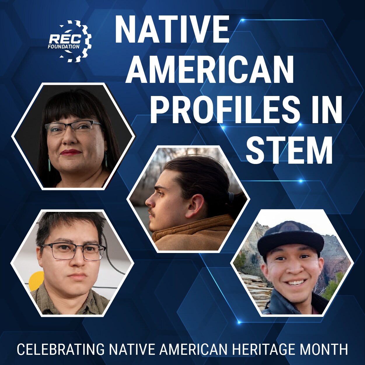 Native American Profiles in STEM graphic featuring four profile pictures