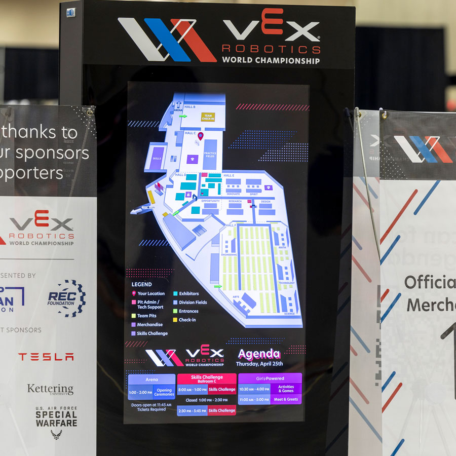 A sign at VEX Robotics World Championship shows a map of the venue