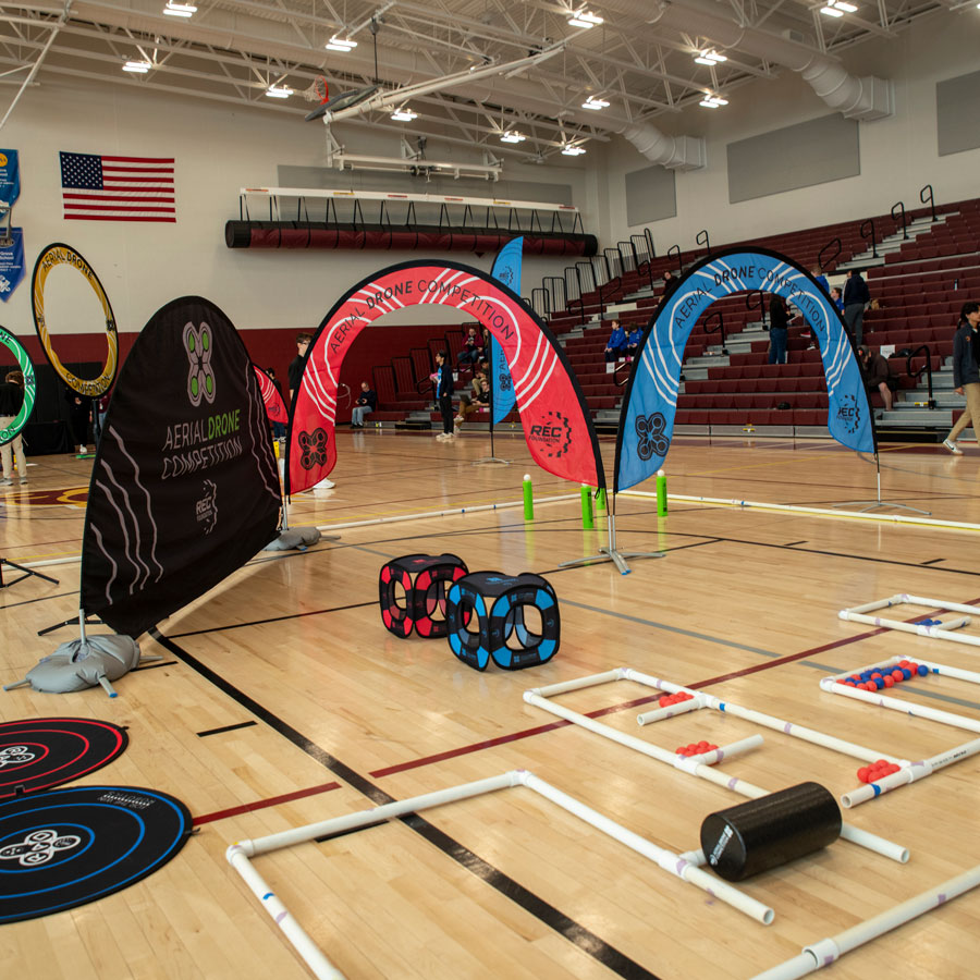 Aerial Drone Competition Field set up and game elements set up in a school gym