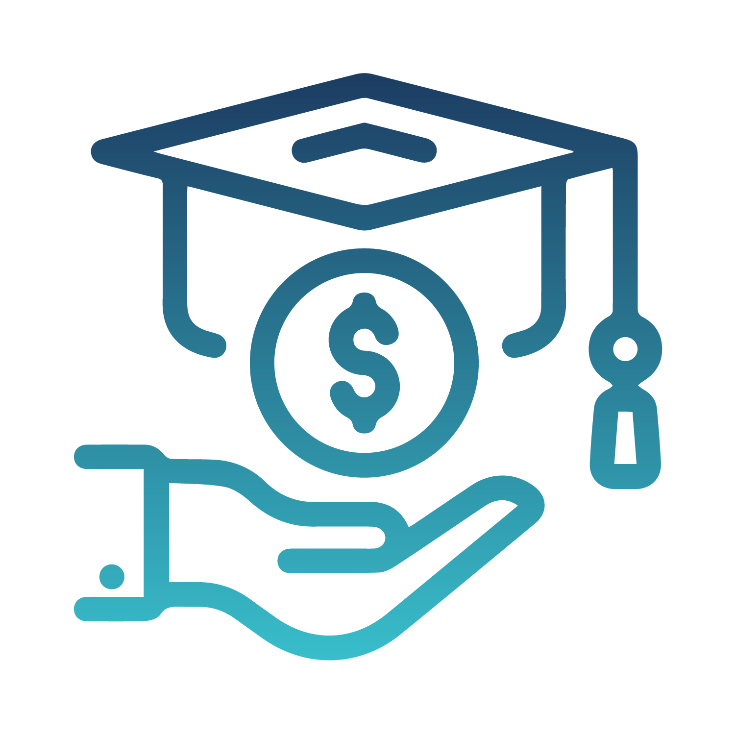 Icon showing a hand with a dollar sign and a graduation cap