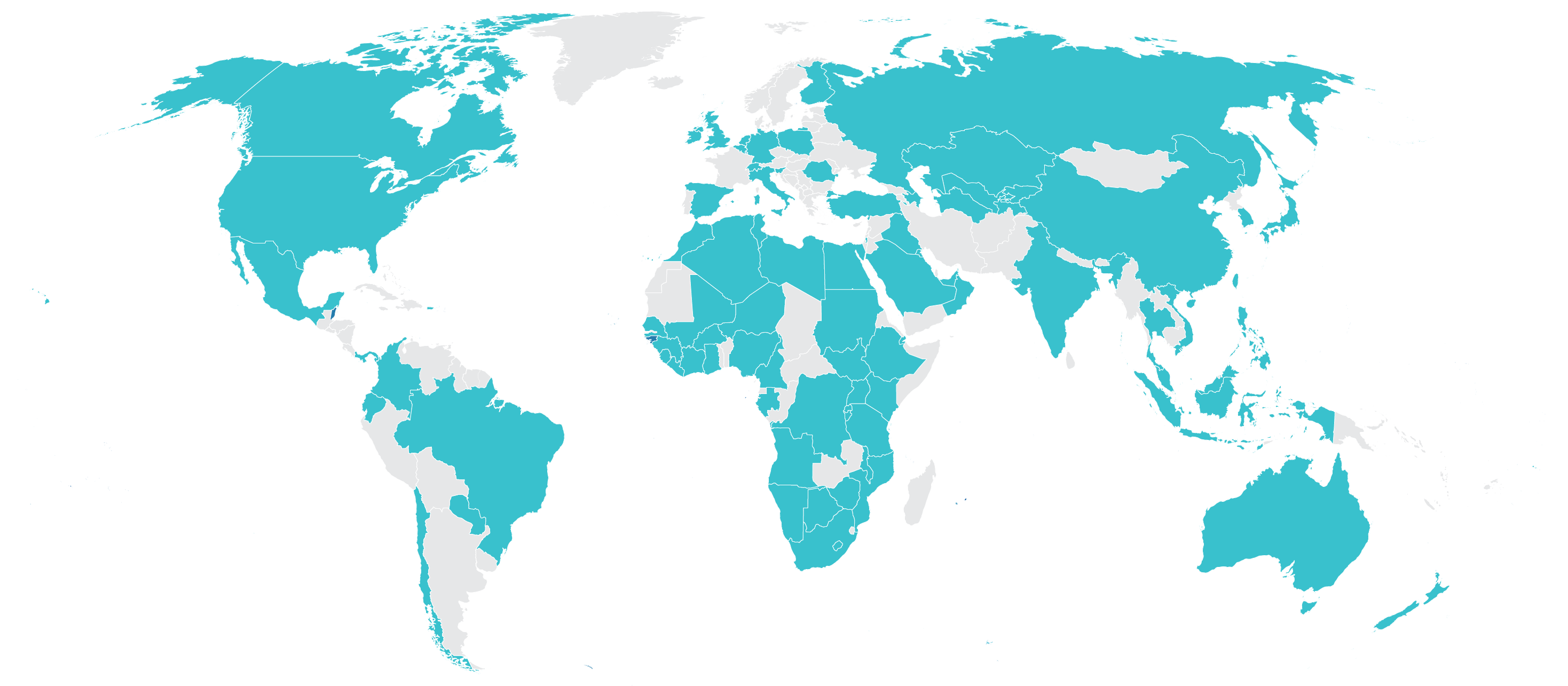 Map of the Earth with 109 countries highlighted.