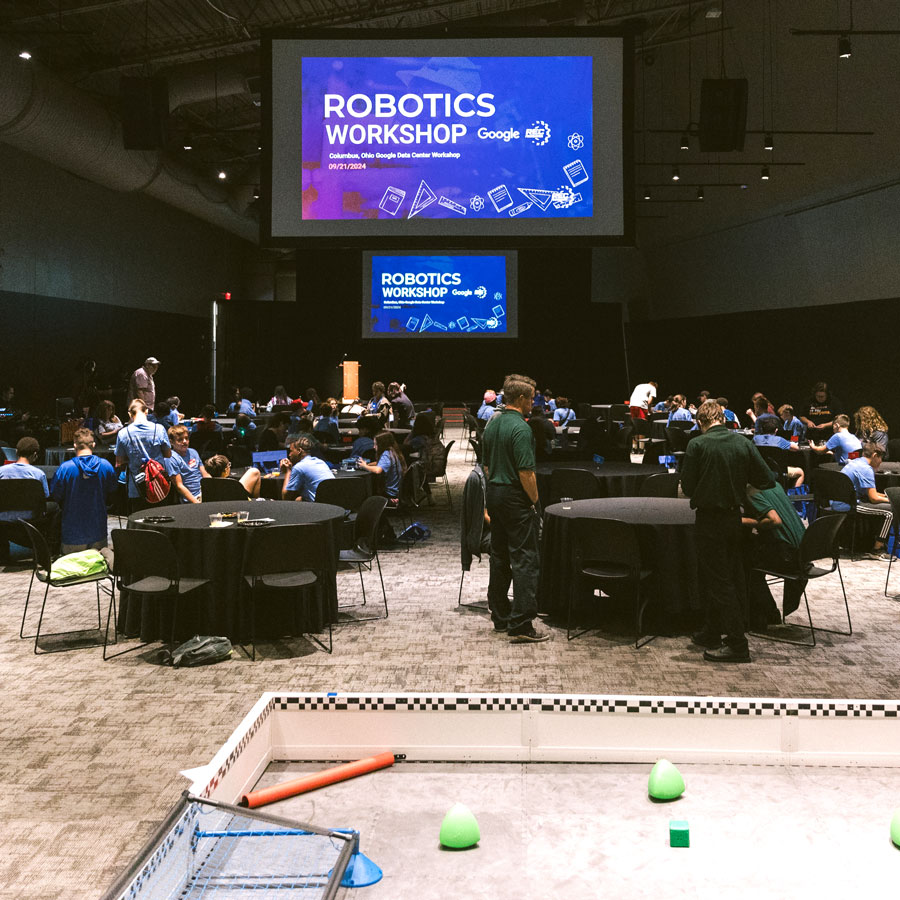 Students participate in a Google Data Centers Robotics for Kids Program event.