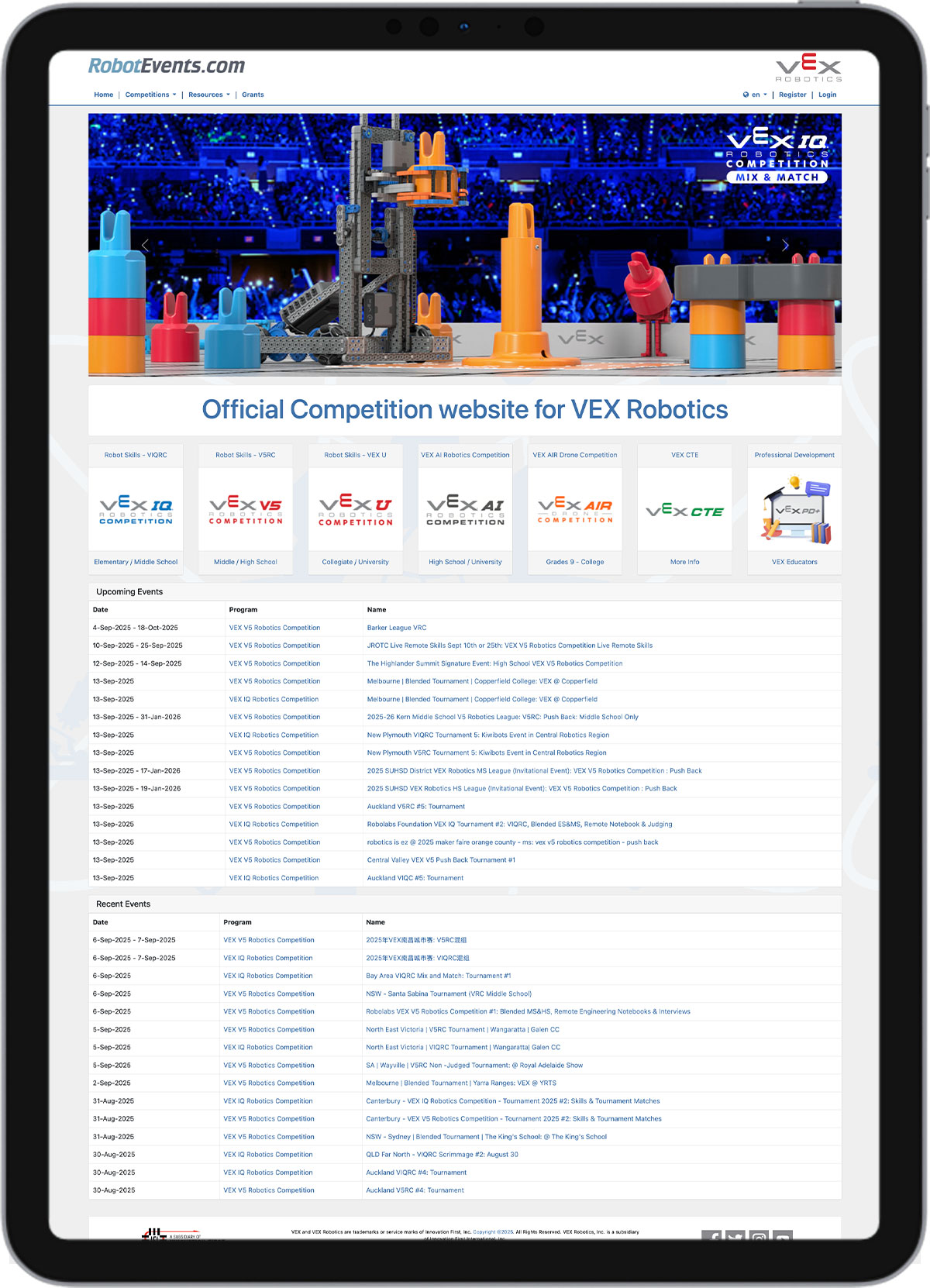 Screenshot of RobotEvents.com home page