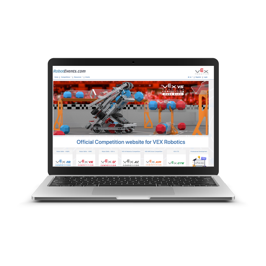 RobotEvents home page displayed on a monitor.