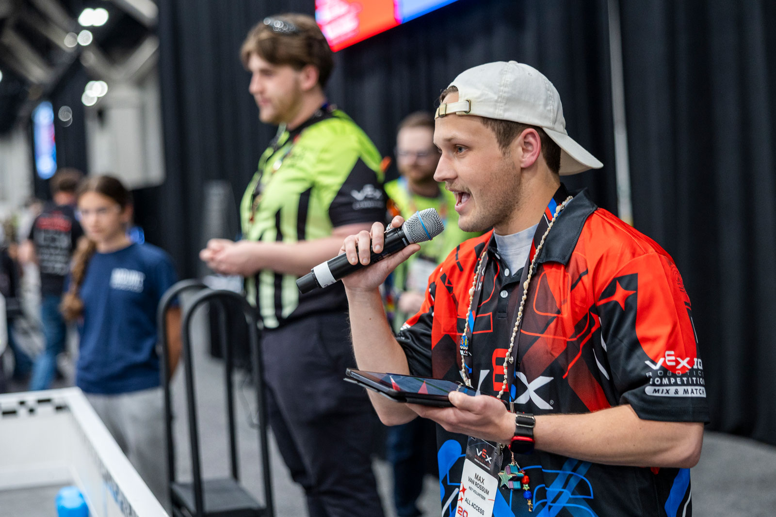 Emcee calls the action at the VEX Robotics World Championship