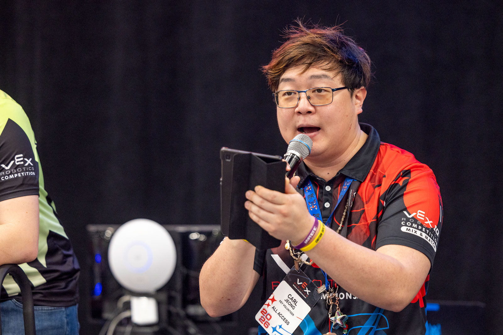 Emcee calls the action at the VEX Robotics World Championship